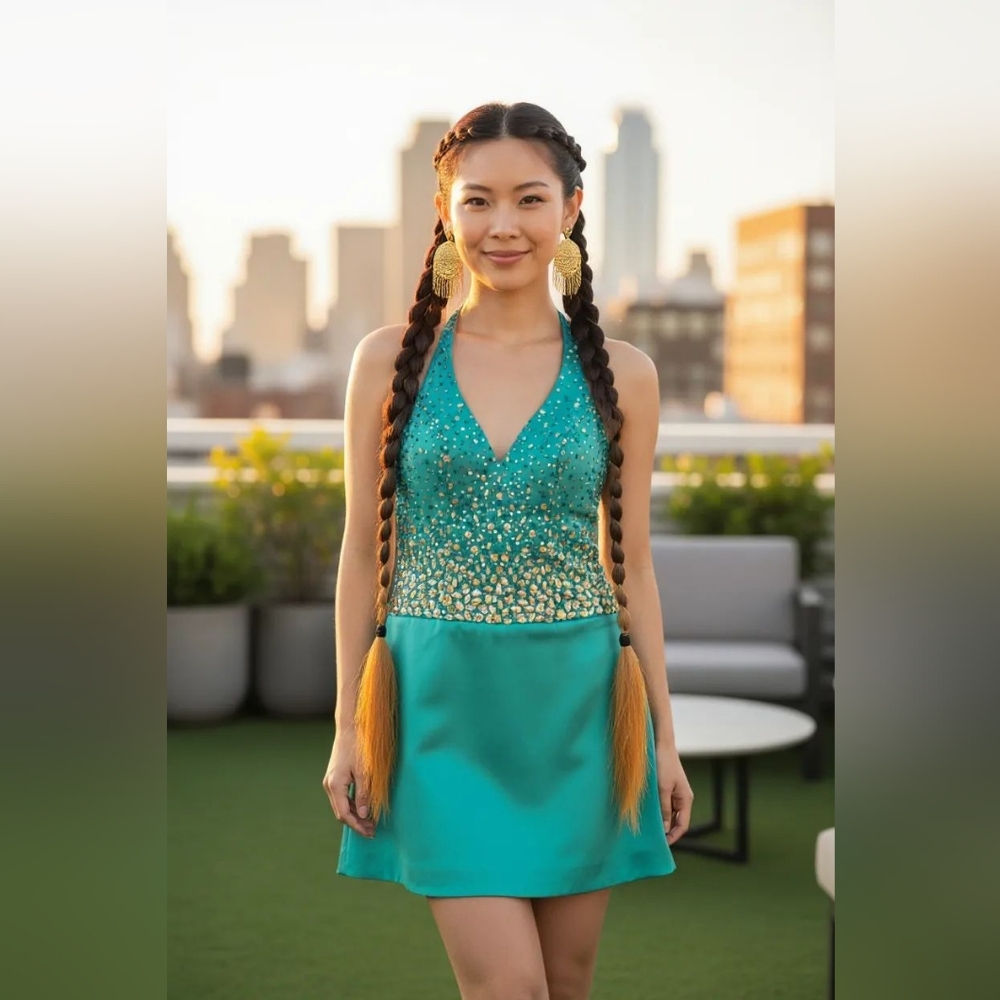 12 Kiss Kiss Teal Halter Dress with Gold‎ Accents